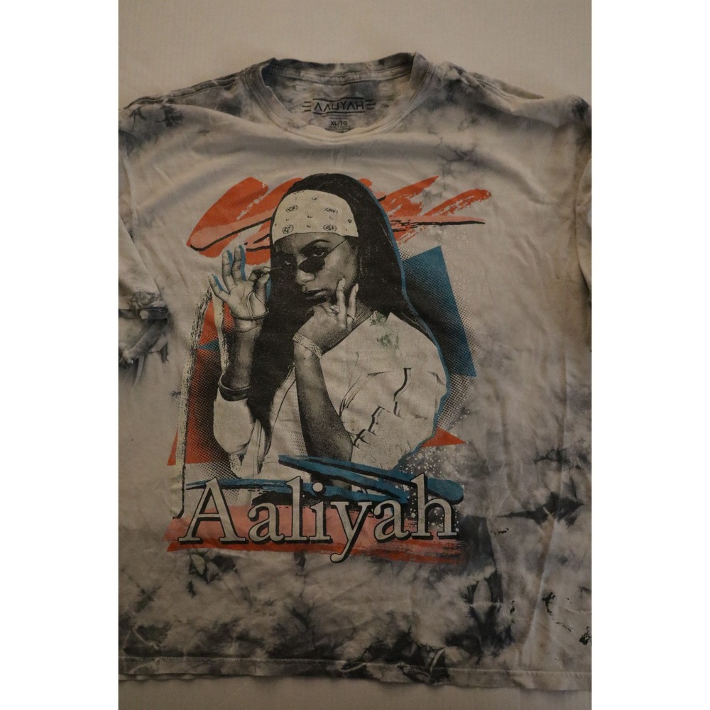 Aaliyah Graphic Tie Dye T-Shirt Mens XL Grey White Short Sleeve R&B Music Tee